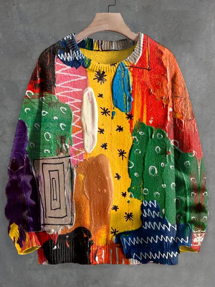 Men's Rainbow Patchwork Oil Painting Print Knit Sweatshirt