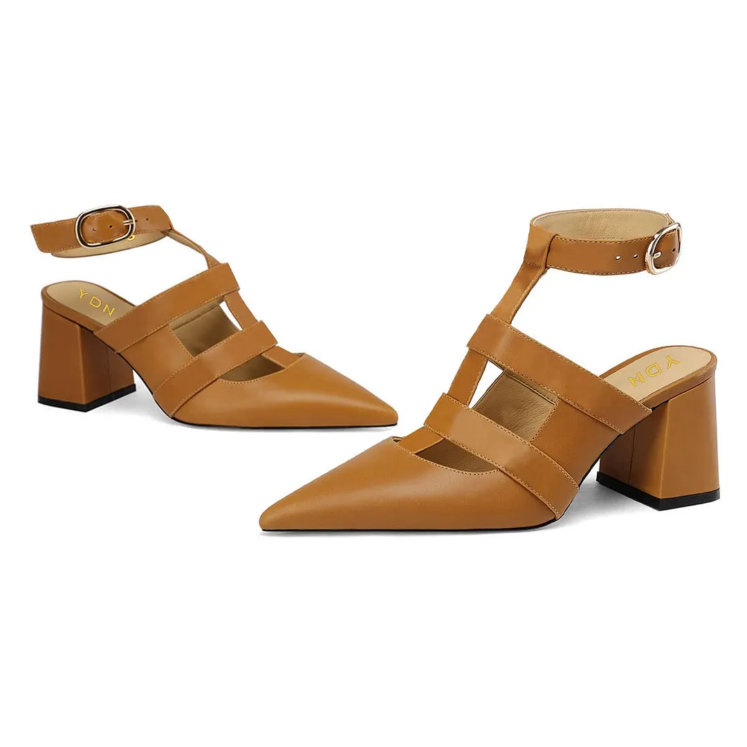 Tan Vegan Leather Pointed Toe T-Strap Chunky Heeled Sandals