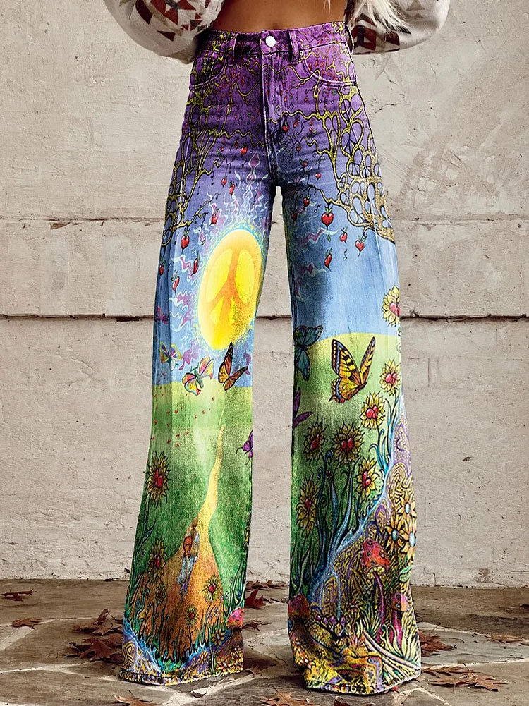 Women's Vintage Flowers Hippie Style Butterflies Print Casual Wide Leg Pants
