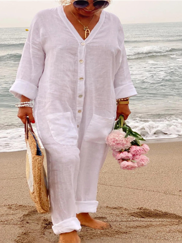 Women's Overall Jumpsuit V-Neck Single Breasted Cotton Linen Jumpsuits