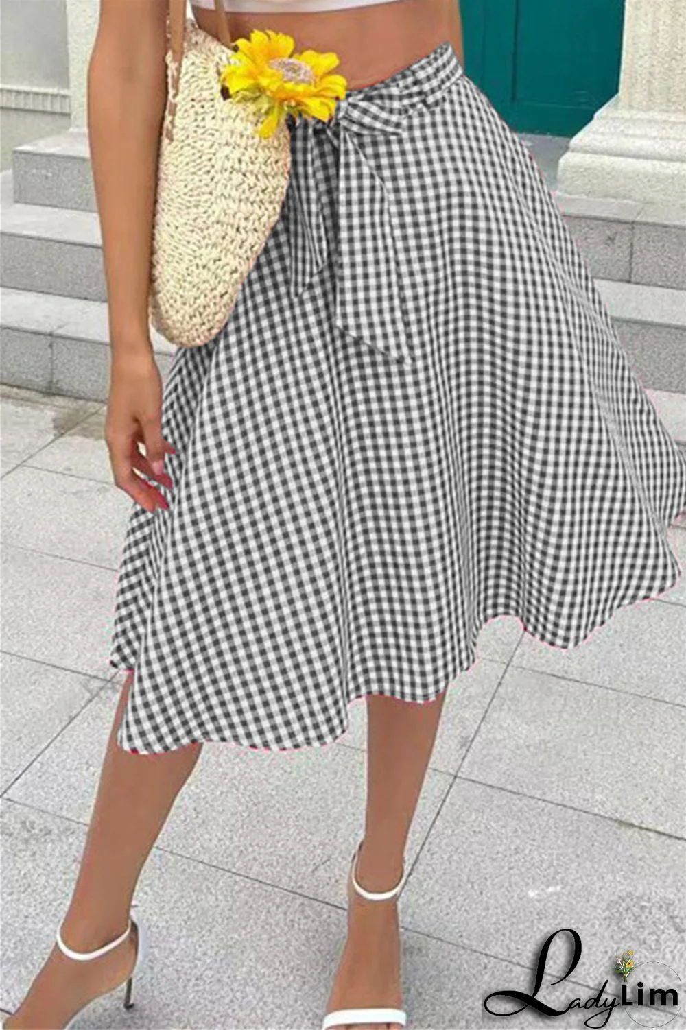 Grey Fashion Casual Plaid Print Patchwork Regular High Waist Skirt