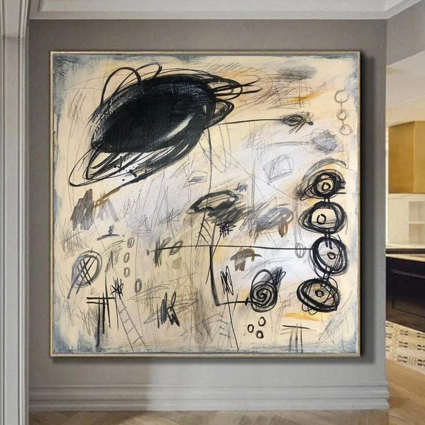 Original Abstract Beige Paintings On Canvas Black Acrylic Art Modern Wall Art | PERPETUUM MOBILE