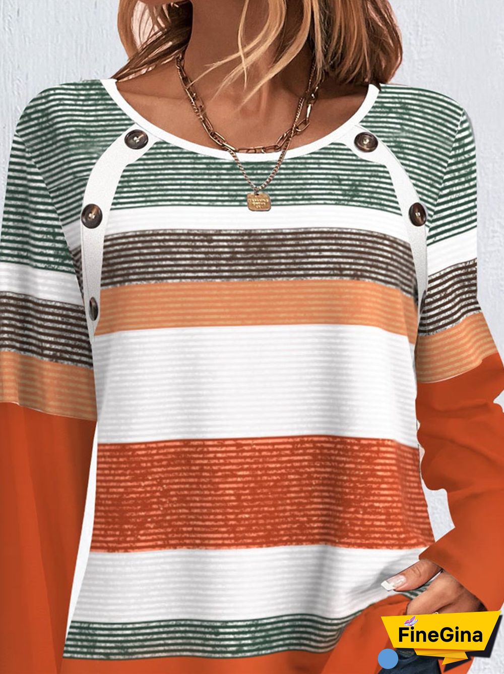 Women Long Sleeve Scoop Neck Graphic Printed Buttons Tops