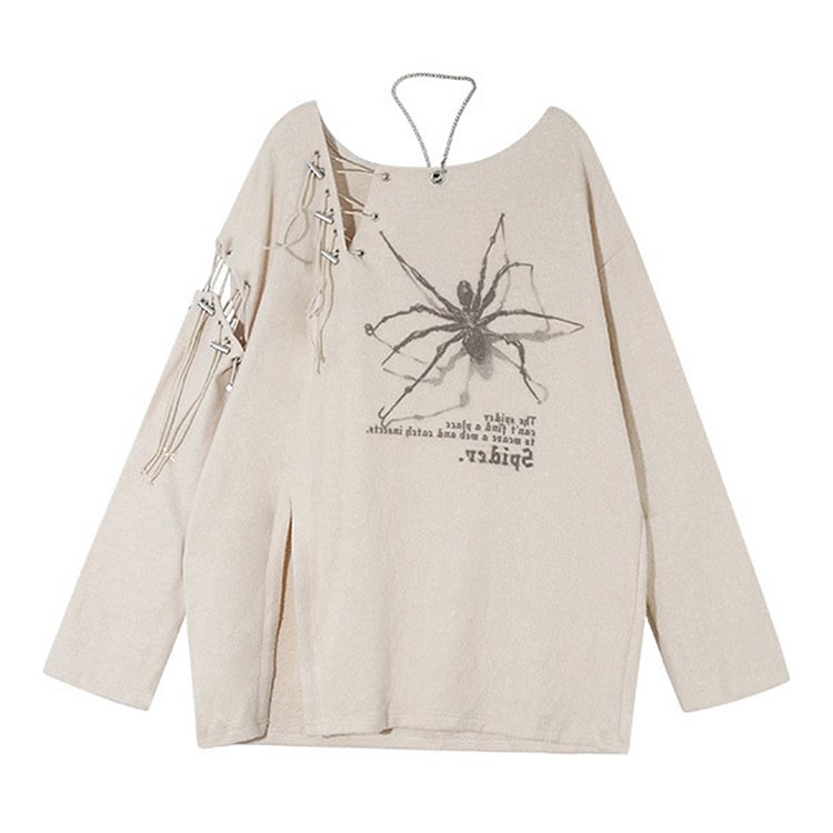 Spider Pirnt Lace Up Split Loose Shirt - Modakawa Modakawa