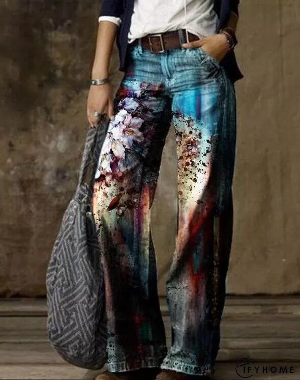 Floral Women's High Waist Straight Leg Wide Fashion Loose Jeans | IFYHOME