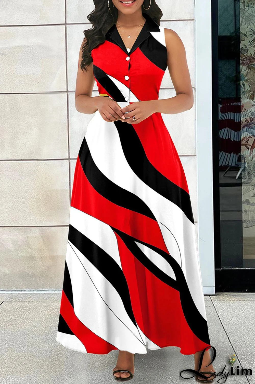 Red Casual Print Patchwork Turndown Collar Long Dress Dresses