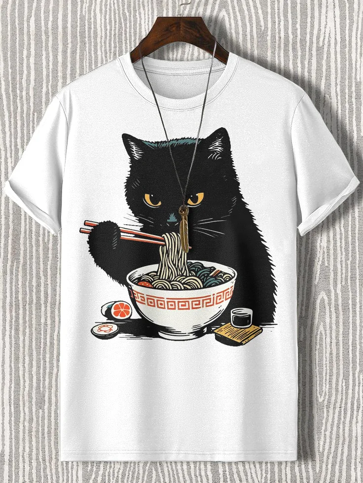 Men's Black Cat Eats Ramen Japanese Art Print Cotton Casual T-Shirt