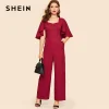 SHEIN Vintage Burgundy Sweetheart Neck Double Breasted Flounce Sleeve Jumpsuit Women Workwear Office Lady Wide Leg Jumpsuits
