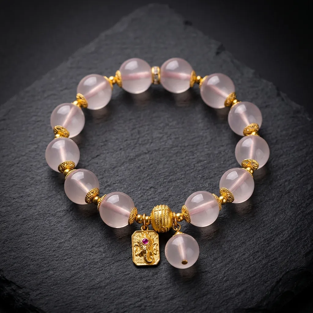 JiStones "Golden Abundance" Rose Quartz Beaded Bracelet with Elephant Charm Golden Elephant & Rose Quartz
