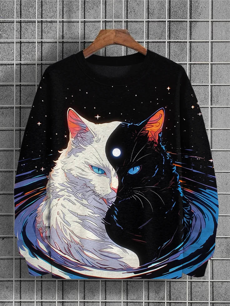 Men's Universe Galaxy Yin Yang Cat Art Print Casual Sweatshirt