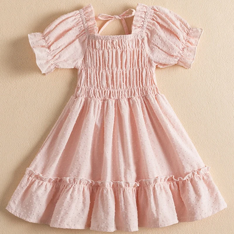 2022 New Fashion Floral Smocked Dresses For Girls Summer Holiday Short Sleeve Clothes For 3-8 Years Children Kids Party Costume