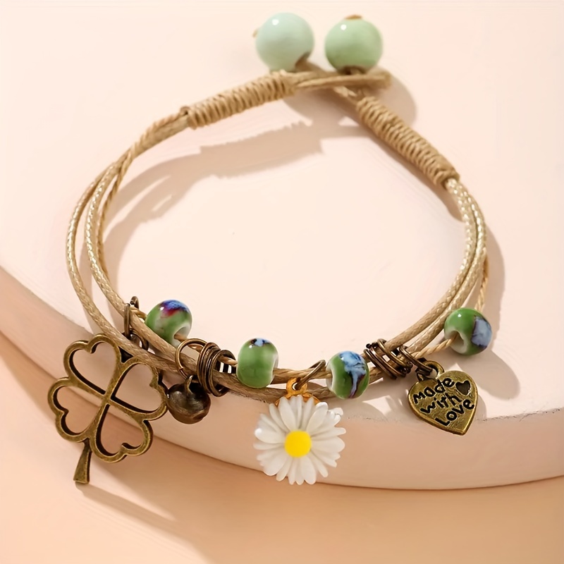 Vintage Boho Adjustable Woven 1pc Bracelet - Polyester Fiber with Ceramic Beads, Daisy Heart Lucky Clover Bell Charms, \