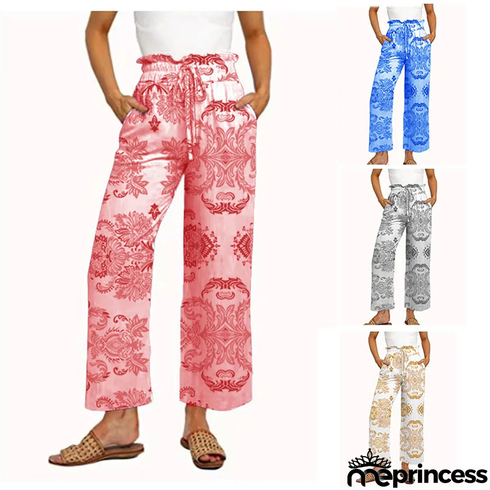 Women Casual Pants Printed Lace-Up Wide Leg Pants