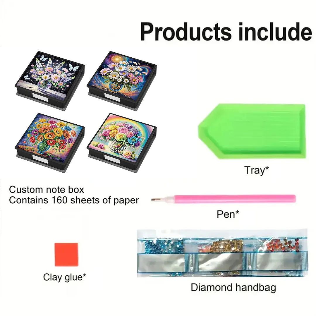 4Pcs Vase 5D DIY PU Diamond Painting Kit Office Note Box with 160 Sheets Paper