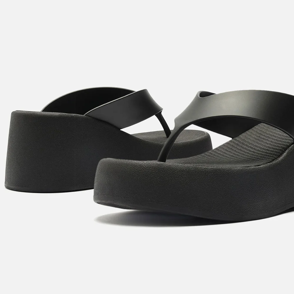 YDN Open Round Toe Wedge Heel Flip Flop Black Platform Sandals
