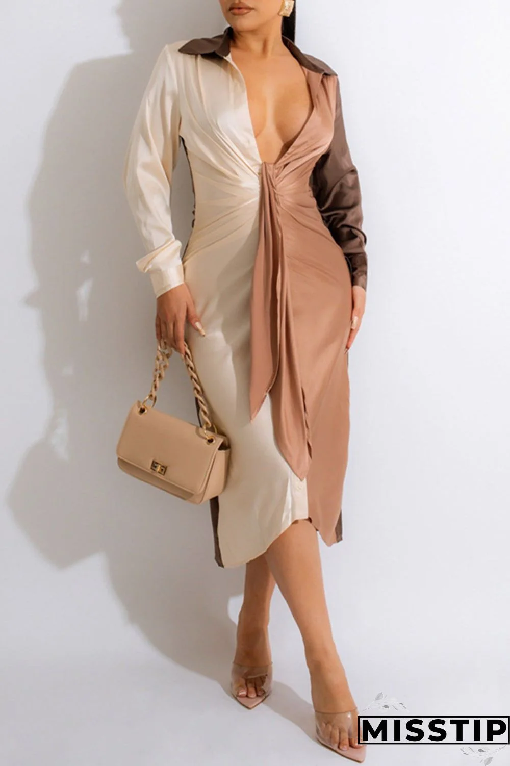 Brown Casual Solid Patchwork Contrast V Neck Long Sleeve Dresses