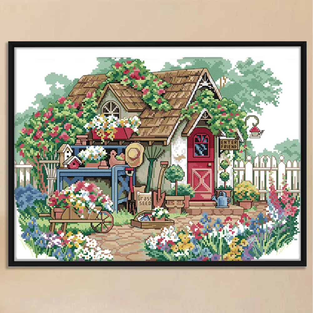 DIY Stamped Cross Stitch 11CT Embroidery 56*42cm - Flower House