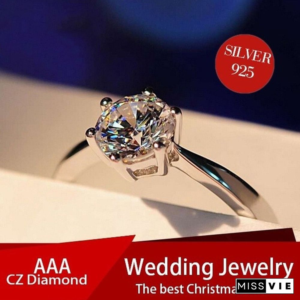 Princess 925 Silver Six Claw Ring Dainty Jewelry Round White AAA CZ Diamond Earrings Ear Studs Wedding Gifts