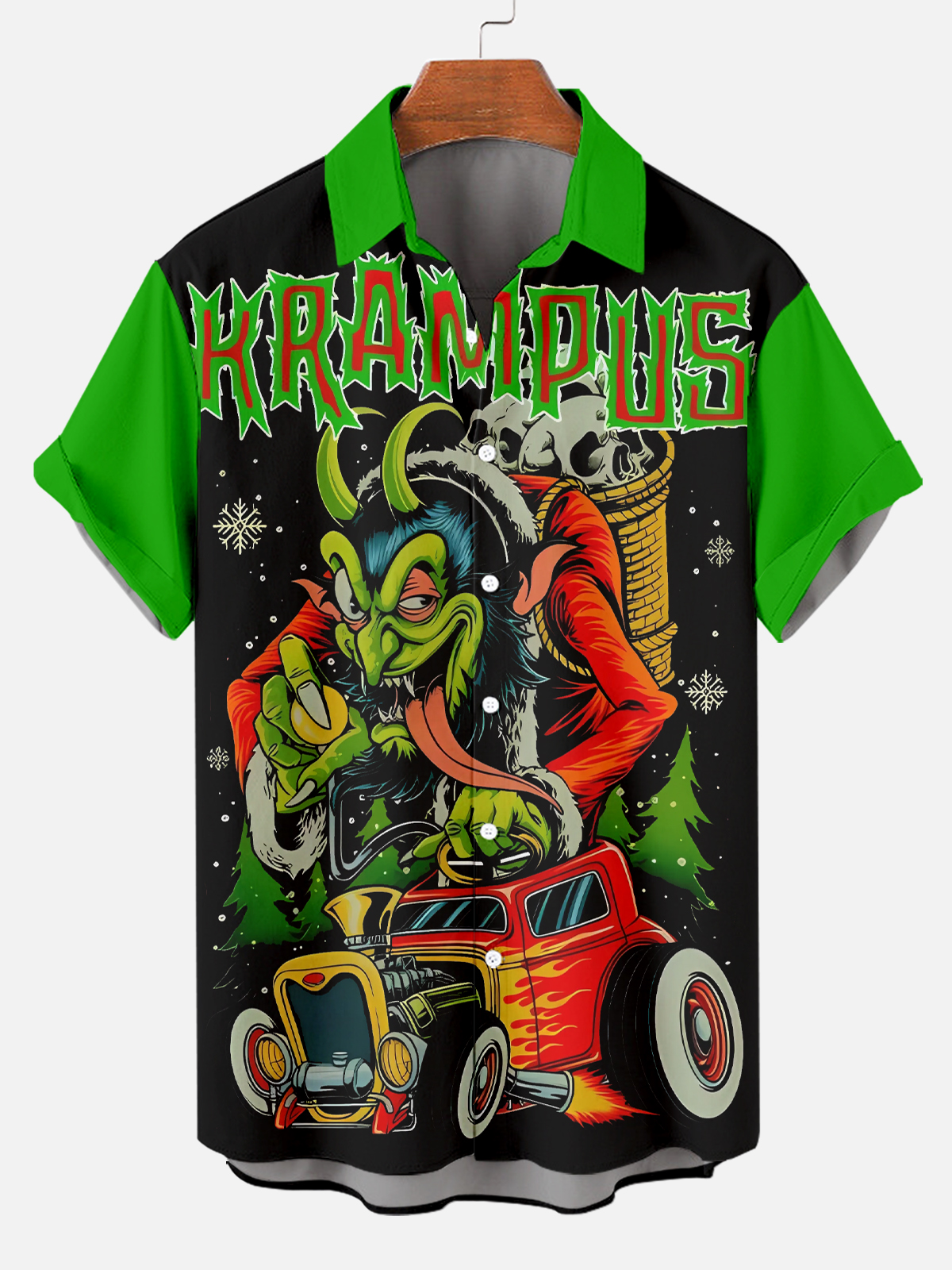 Men's Christmas Cartoon Fun Krampus Modified Car Printed Short Sleeve Shirt PLUSCLOTHESMAN