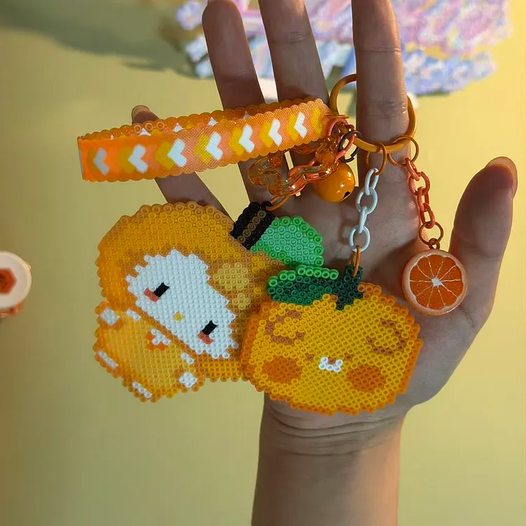 Handmade Orange Kitty & Orange Puppy Bead Art Keychain with Realistic Guava Resin Charm