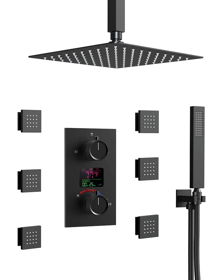 SFS-1015-BK12 EVERSTEIN Ceiling installation Constant Temperature Shower Faucet with LCD Display Rain Shower System, with 6 Massage Nozzles and Hand-held Spray,Matte Black