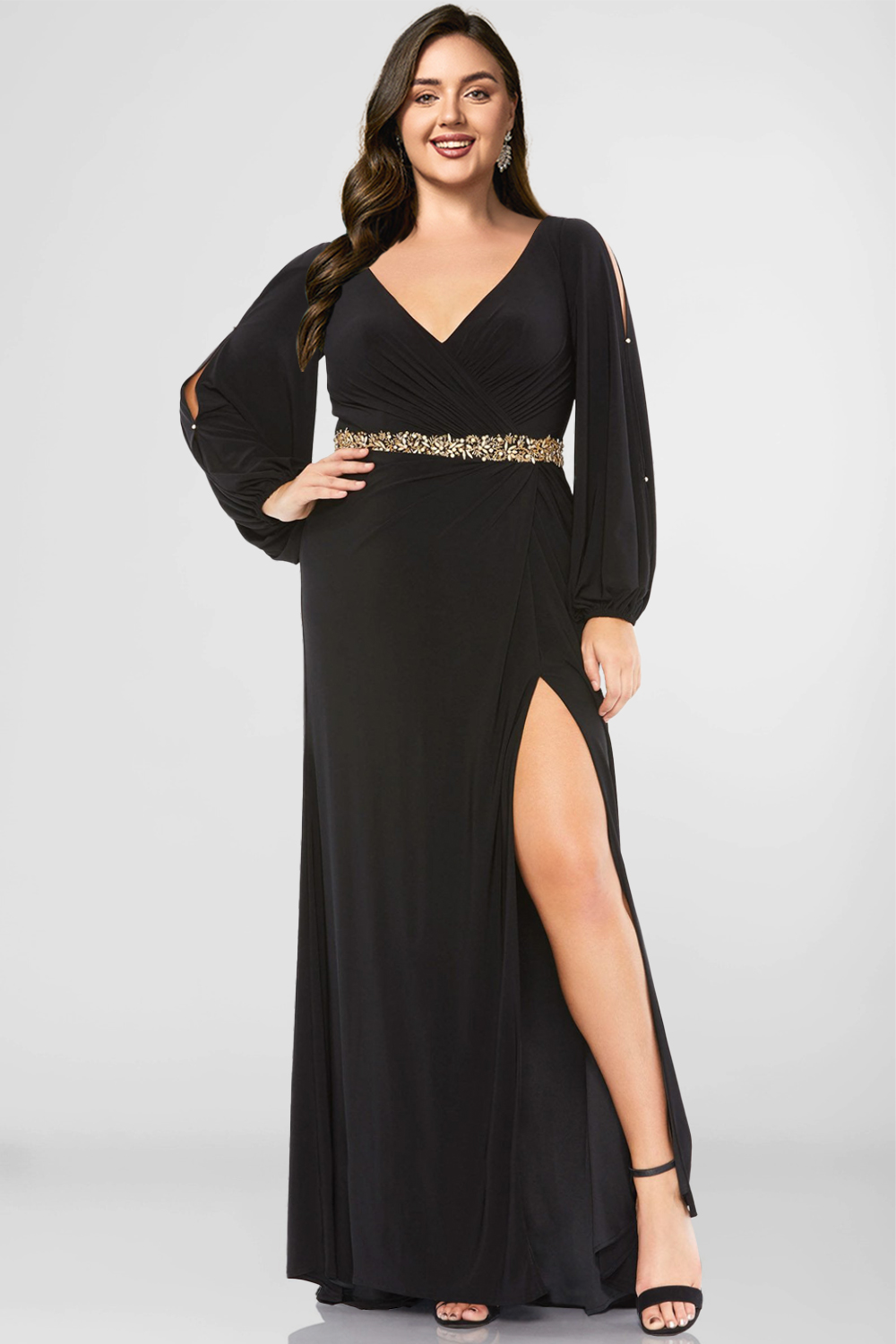 Flycurvy Plus Size Mother Of The Bride Black Chiffon Lantern Sleeve Slit Maxi Dress