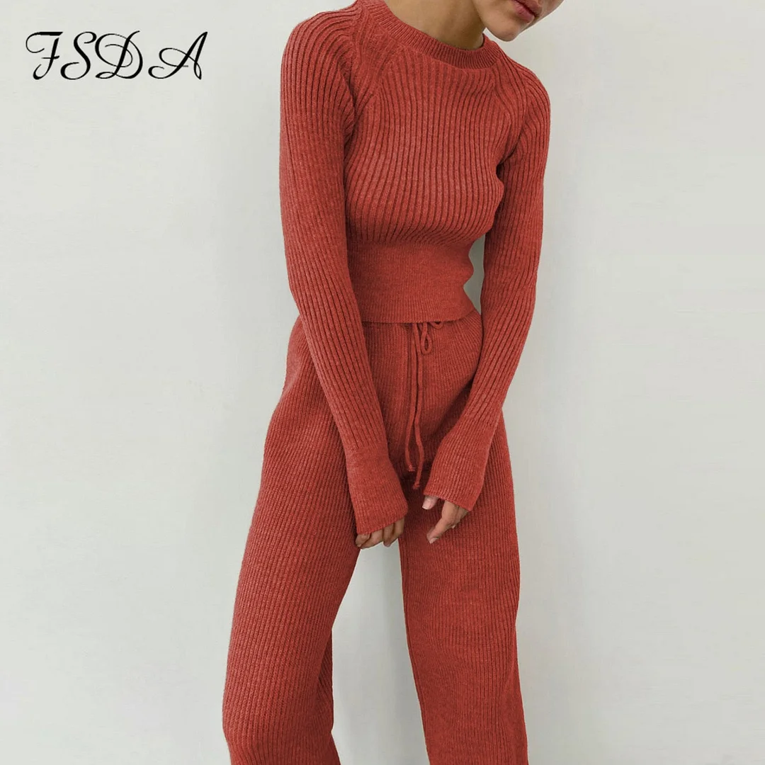 FSDA 2020 Women Set Sweater Top Long Sleeve And Biker Pants Autumn Winter White Casual Two Piece Set Warm Outfits Knitted