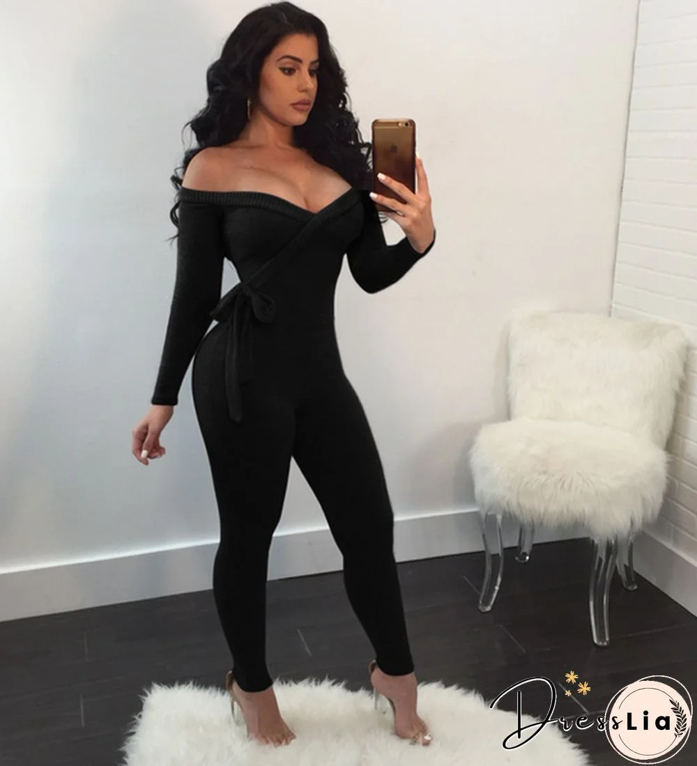 Jumpsuit Women Off Shoulder Bodycon Long Sleeve Clubwear Playsuit Jumpsuits Rompers Skinny Sexy Jumpsuits Female Black Trousers