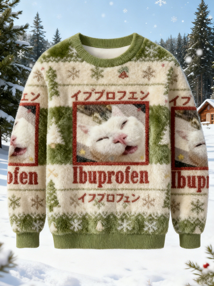 Green Ibuprofen Meme Cat Christmas Ugly Sweatshirt elevenforest