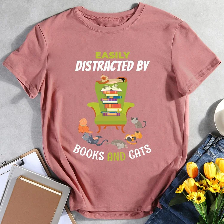 ANB -   Easily Distracted by Cats and Books Book Lovers Tee -011771