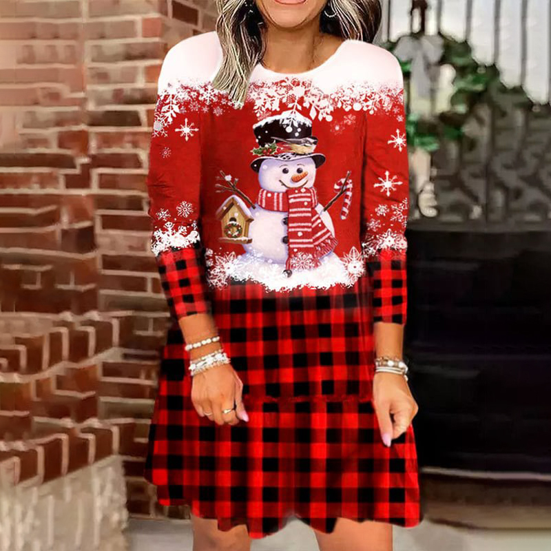 Christmas Snowman Print Panel Plaid Long Sleeve Mini Dress