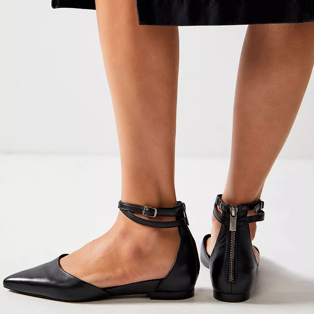 Black Back Zipper Pointed Toe Ankle Strap Flat Pumps for Women