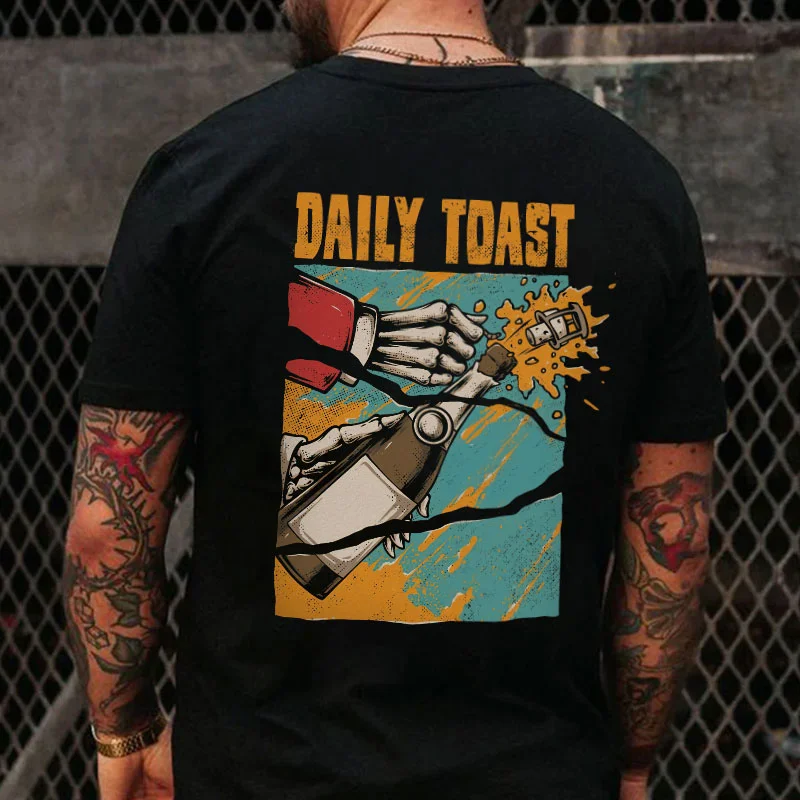 DAILY TAOST Bone Hands Carrying Beer Black Print T-Shirt