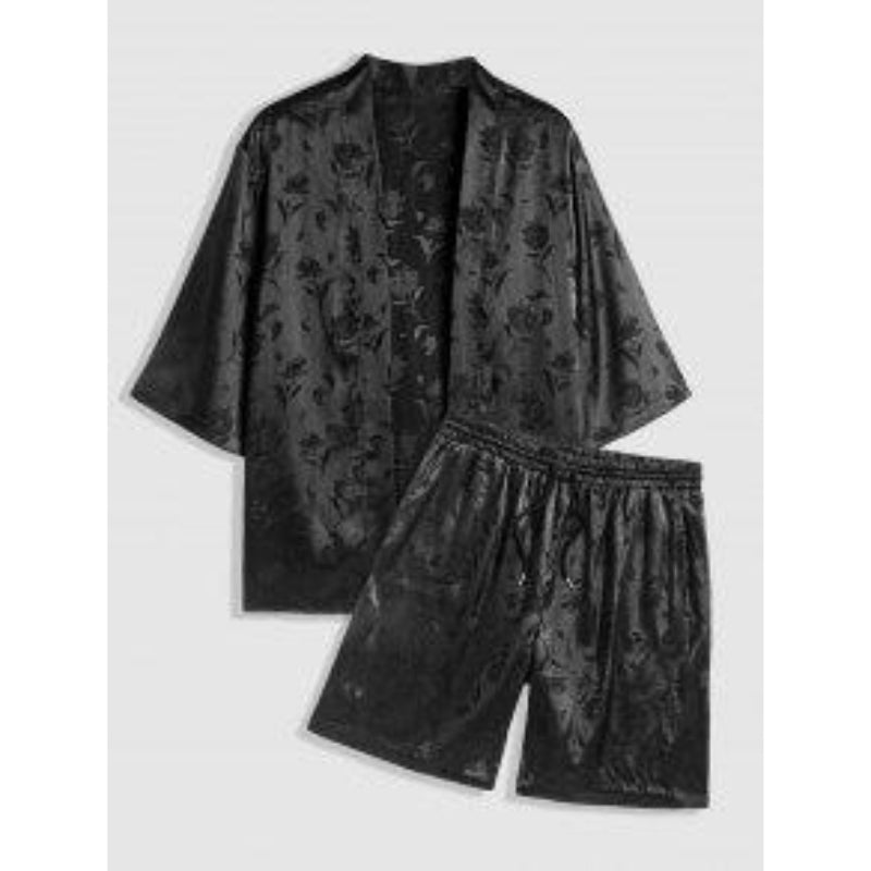 Rose Printed Open Front Shirt And Short Set