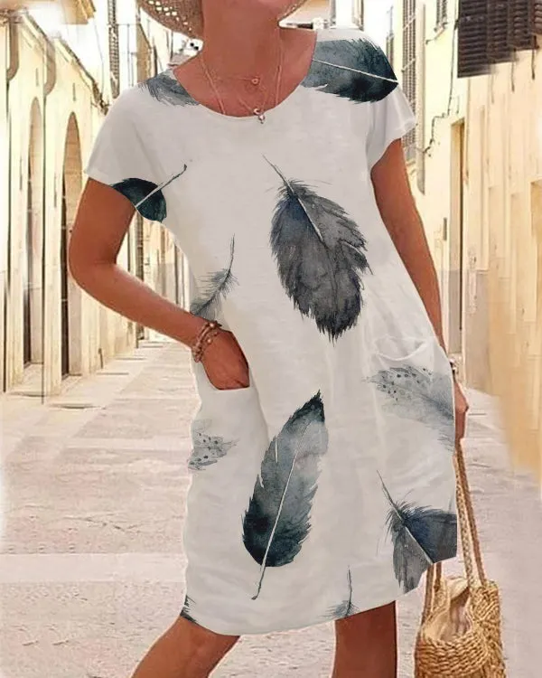 Crew Neck Casual Feather Print Short Sleeve Knit Dress
