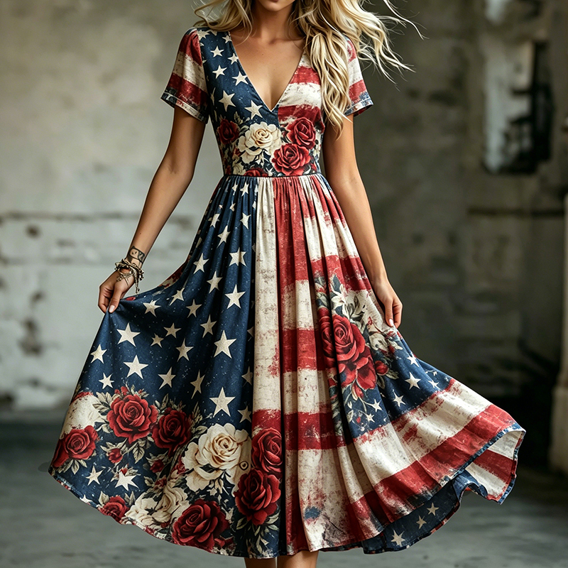  Women's Floral Flag Design Contrast Print Maxi Dress Westsshops
