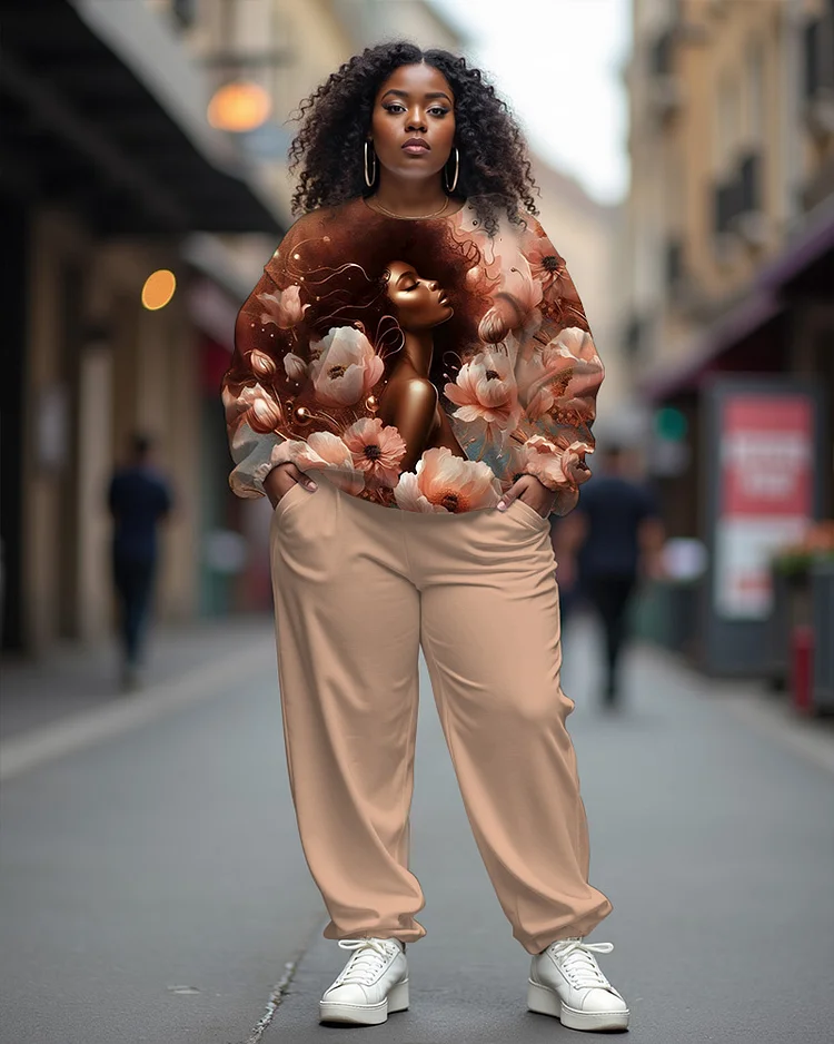 Flowers Rendering Black Girl Crew Neck Sweatshirt and Casual Pants Set