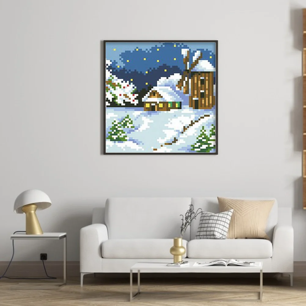 9CT Full Stamped Cross Stitch Bead Embroidery - Landscape Winter(Canvas|17*17CM)