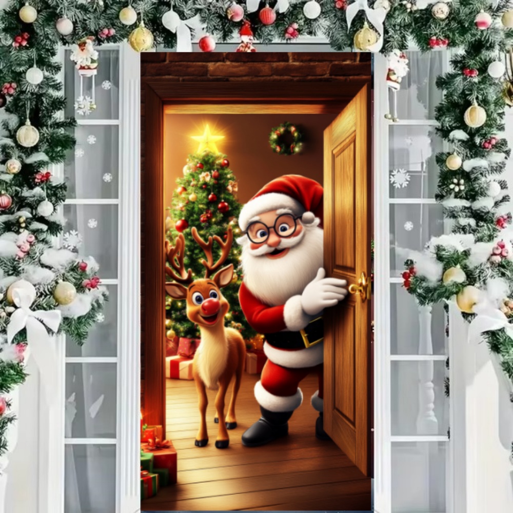 Tegooe Christmas Fabric Door Cover Banner Merry Xmas Photo Booth Backdrop for IndoorOutdoor Holiday Decor