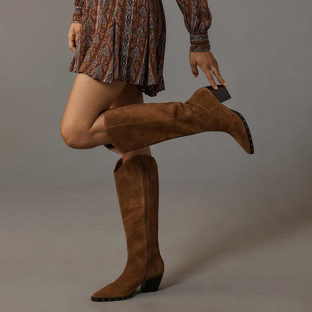 Brown Studded Vegan Suede Pointed Toe Chunky Heel Cowgirl Boots