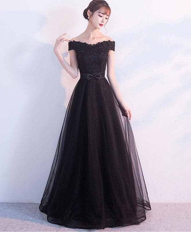 Black Lace Tulle Off Shoulder Long Prom Dress, Black Evening Dress