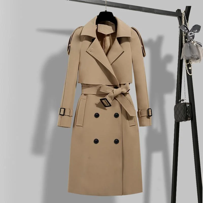 FTLZZ New Autumn Winter Elegant Women Double Breasted Solid Trench Coat Vintage Turn-down Collar Warm Trench with Belt