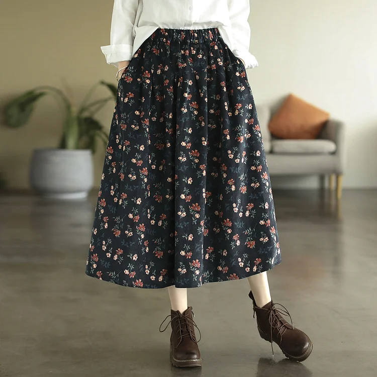 Vintage Plus Size Corduroy Floral Skirt