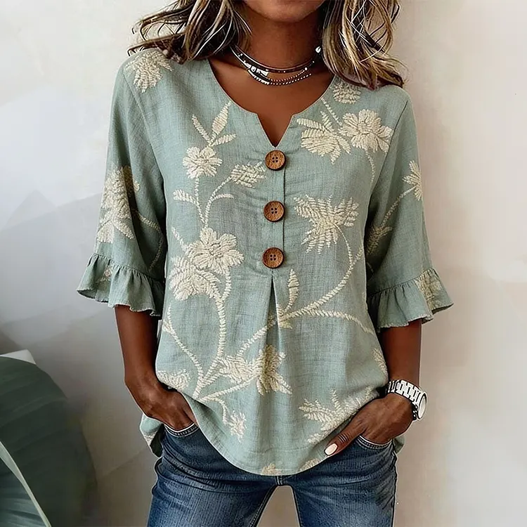 Retro Floral Art Print Casual Cotton Linen Shirt