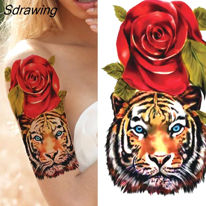 Sdrawing Tiger Temporary Tattoos For Men Women Kids Lion Skull Cross Tattoo Sticker Black Compass Skeleton Tatoos Leg Thigh 328-1