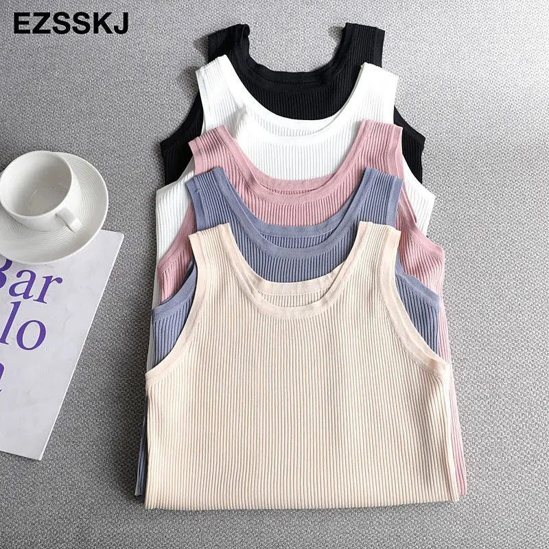 spring summer Women o-neck Knitted tank top baisc camis casual Sleeveless vest Female slim tanks short top