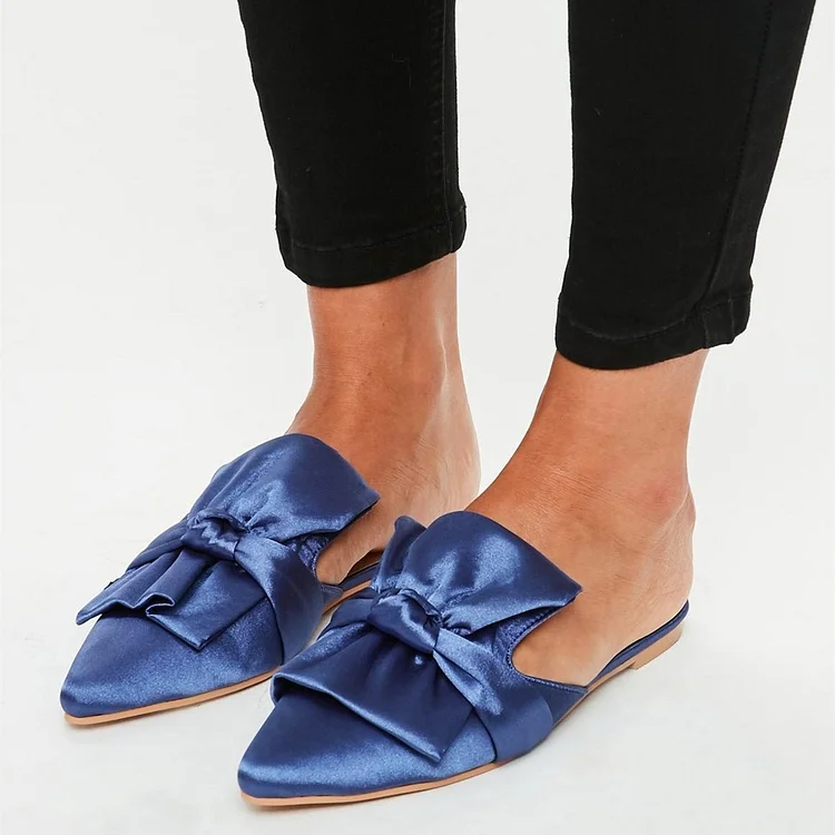 Blue Satin Bow Flat Mules |FSJ Shoes