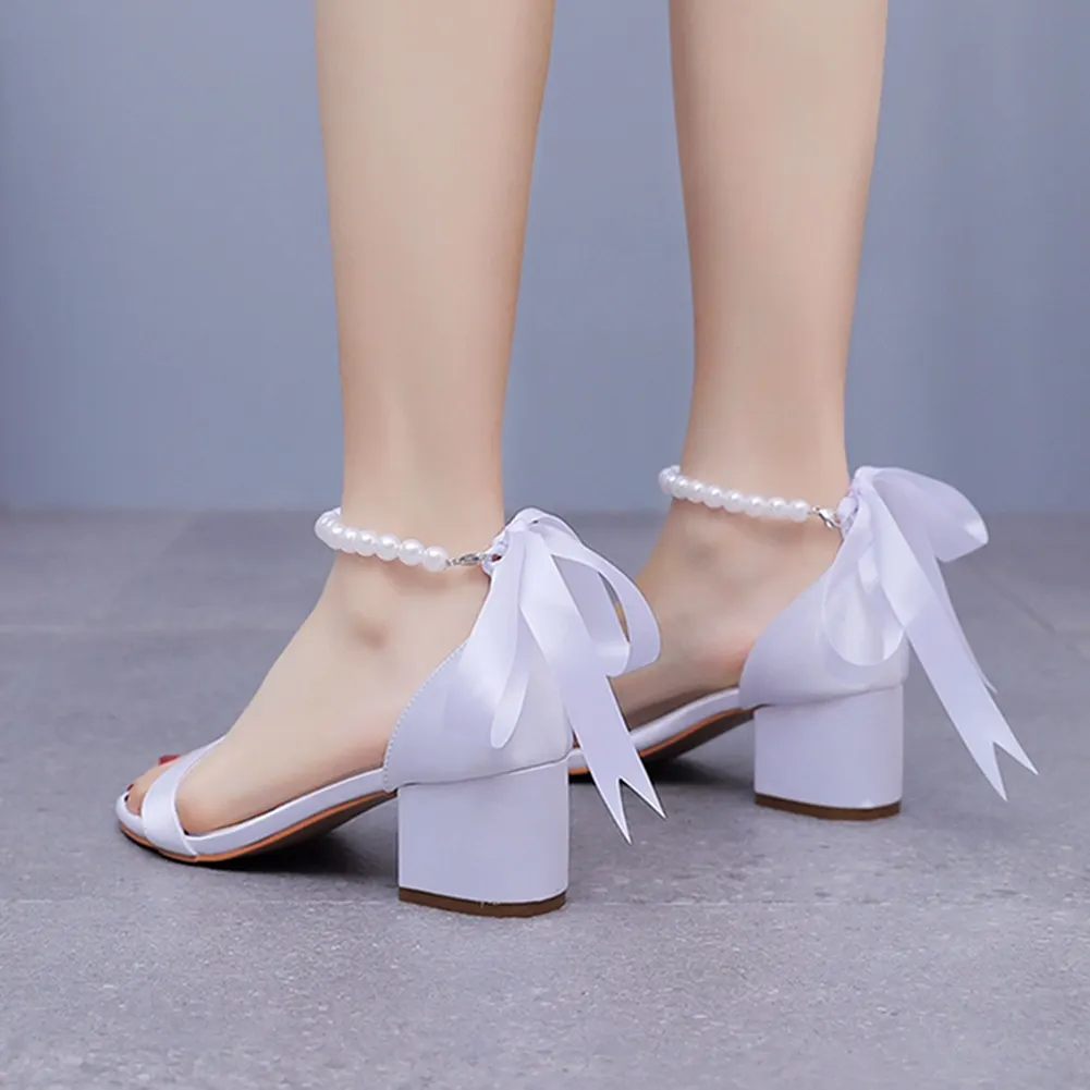 Breakj Breakj Cm Square Heel Sandals Shallow Mouth With Thick Heel Sandals White Beads Drifted Sandals Bride Wedding Sandals