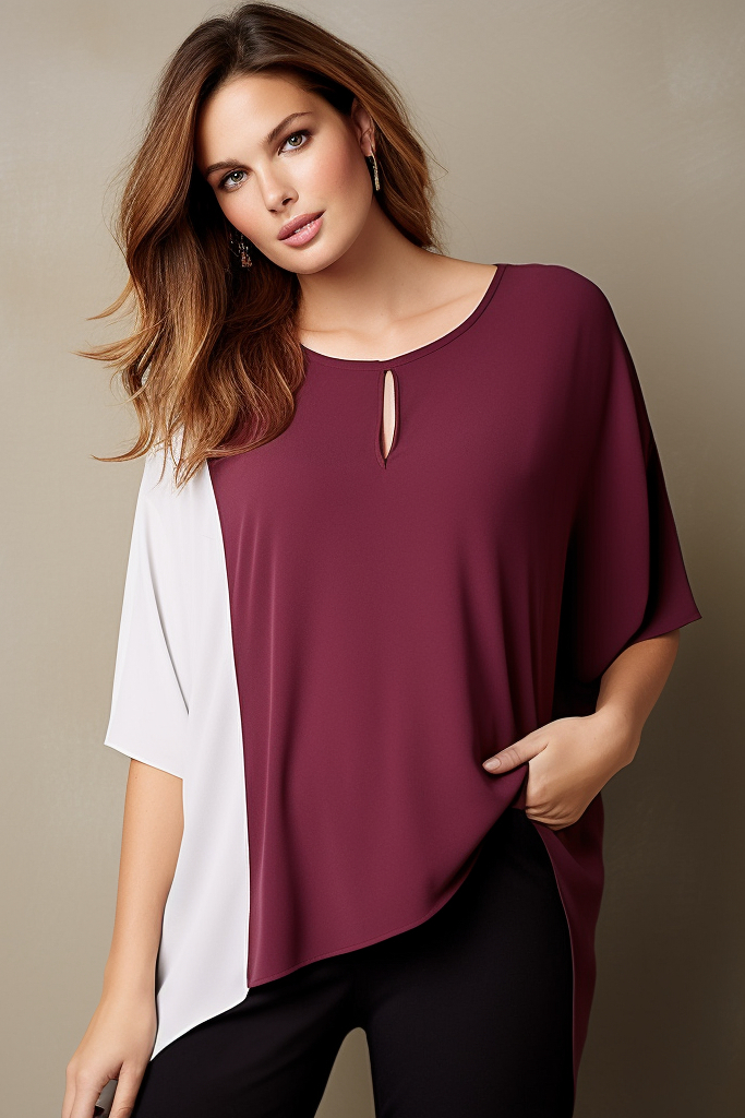Flycurvy Plus Size Everyday Burgundy Asymmetric Hem Two Tone Batwing Sleeve Blouse 2024 - Flycurvy 