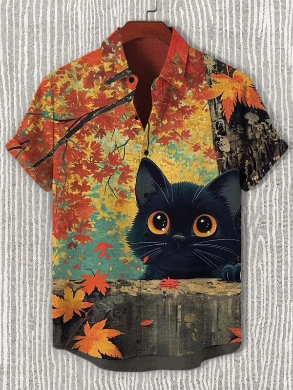 Men's Vintage Maple Black Cat Art Print Casual Shirt
